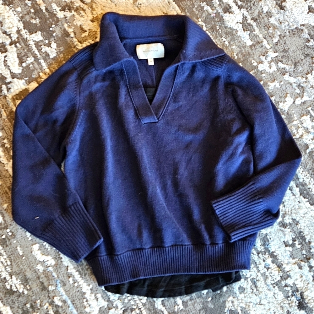 Brochu Walker "The Rainer" navy collar layered long sleeve linen blend sweater